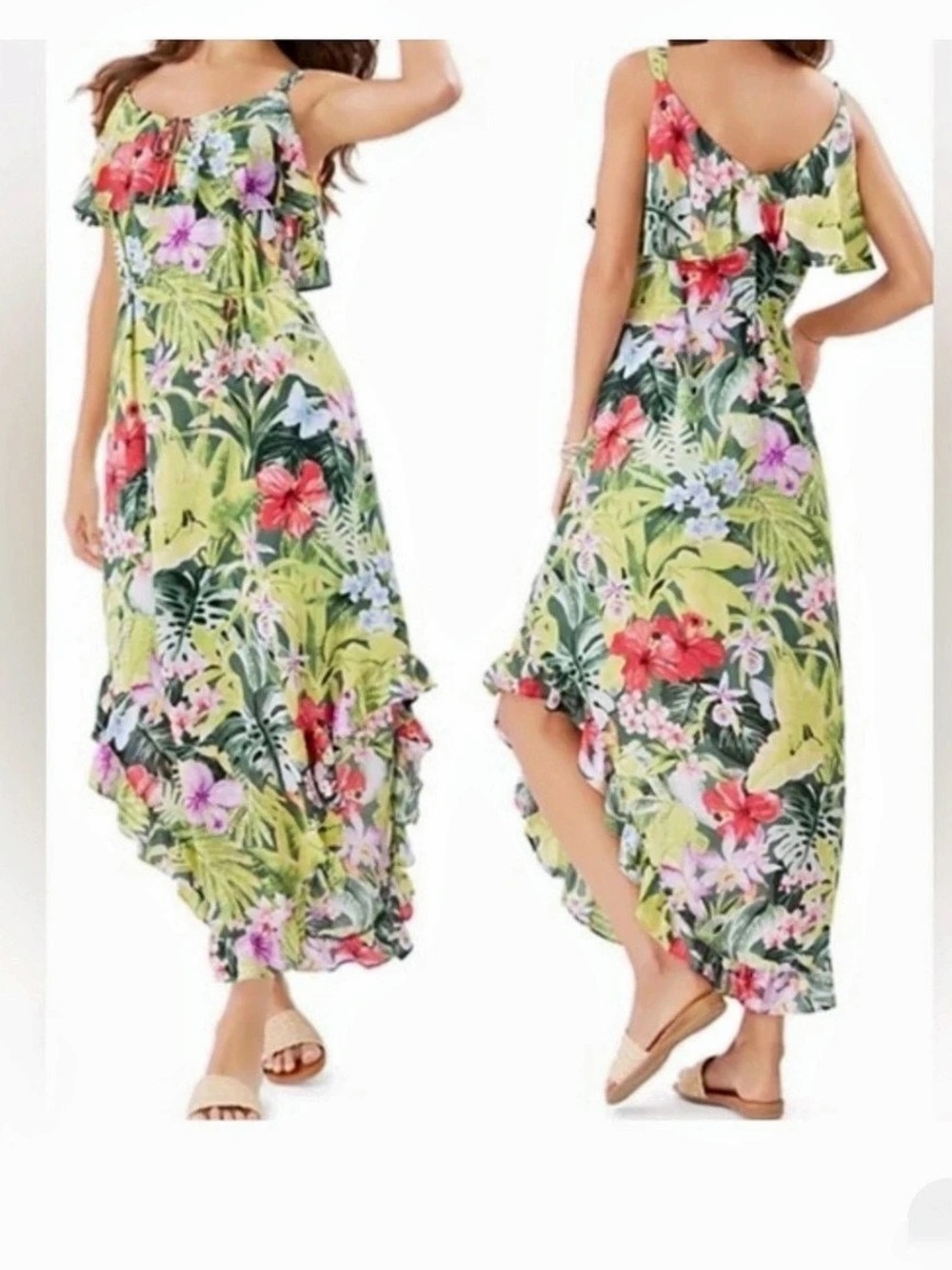 🌸TB10 - Tommy Bahama Grande Grove Tropical Floral Ruffle Hi-Low Maxi Dress🛍️ - Picture 2 of 5